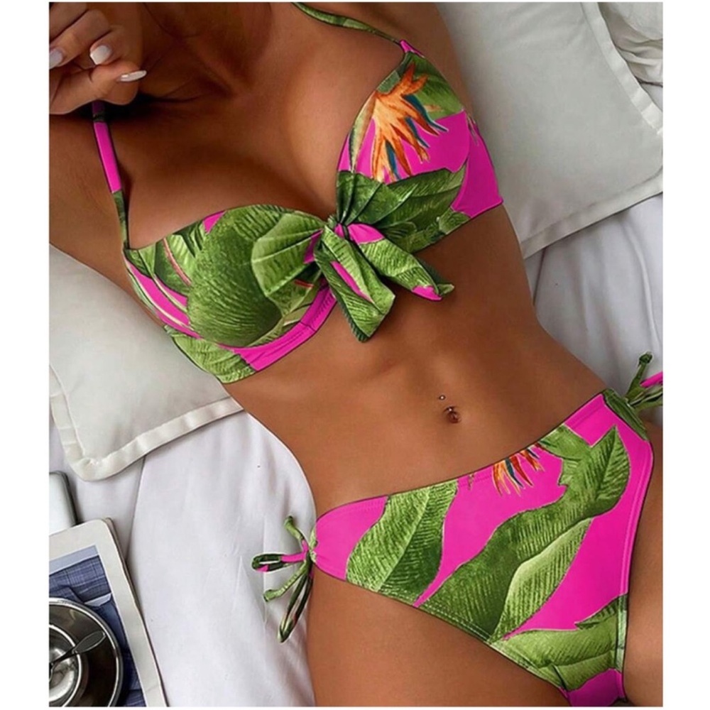Pink Tropical Leaves Print Tie Beach Swim Bikini S M L XL